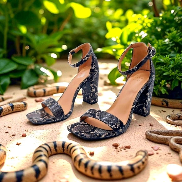A New Day Faux Snake Skin Sz 7.5 Strapped Sandals Heels - Picture 1 of 9